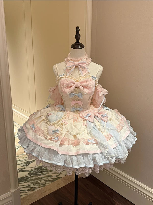 Blue-pink lace Lolita JSK dress set displayed on a mannequin from front and back.