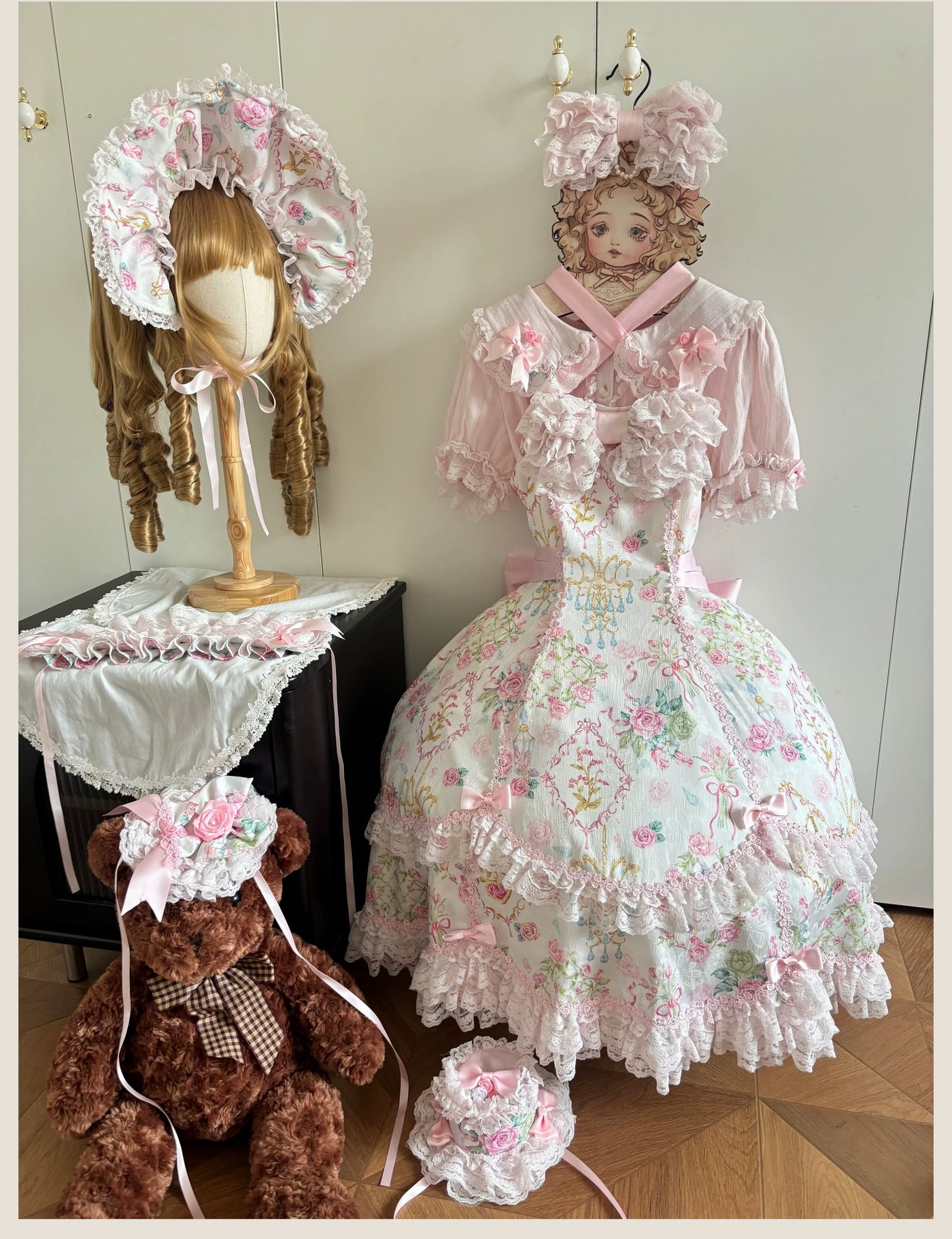 Tata Long Ear - Spring 2025 Floral Wall - Floral Print JSK Dress with Layered Lace Ruffles