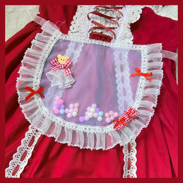 Blue Lolita apron styling with lace, bows and bear motifs.