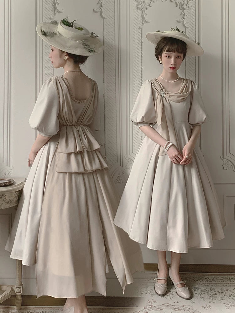 Baozi Pig - Miss Marina - French Vintage Long Dress with Short Puff Sleeves