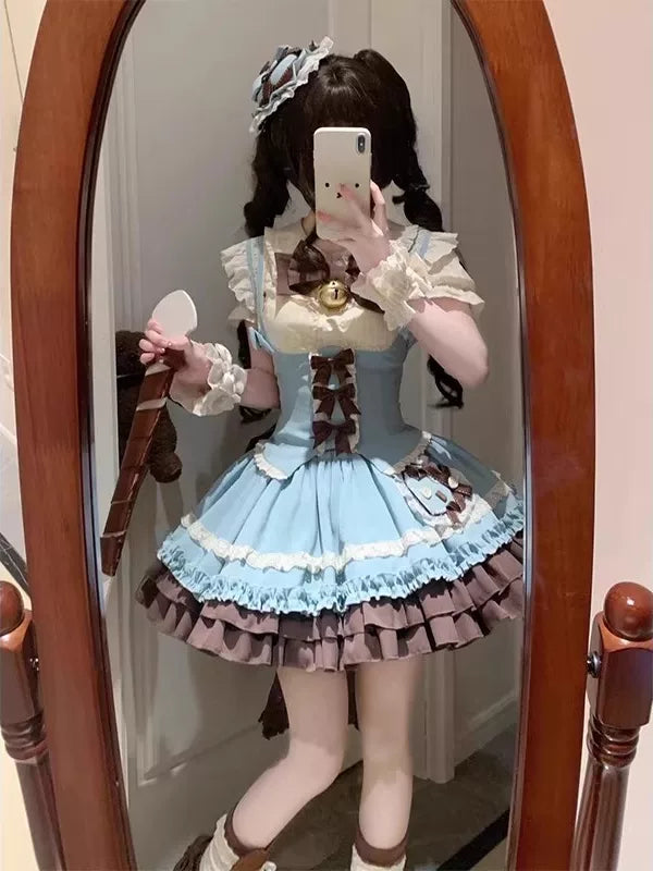 Light blue and cream five-piece Lolita dress set shown in a mirror