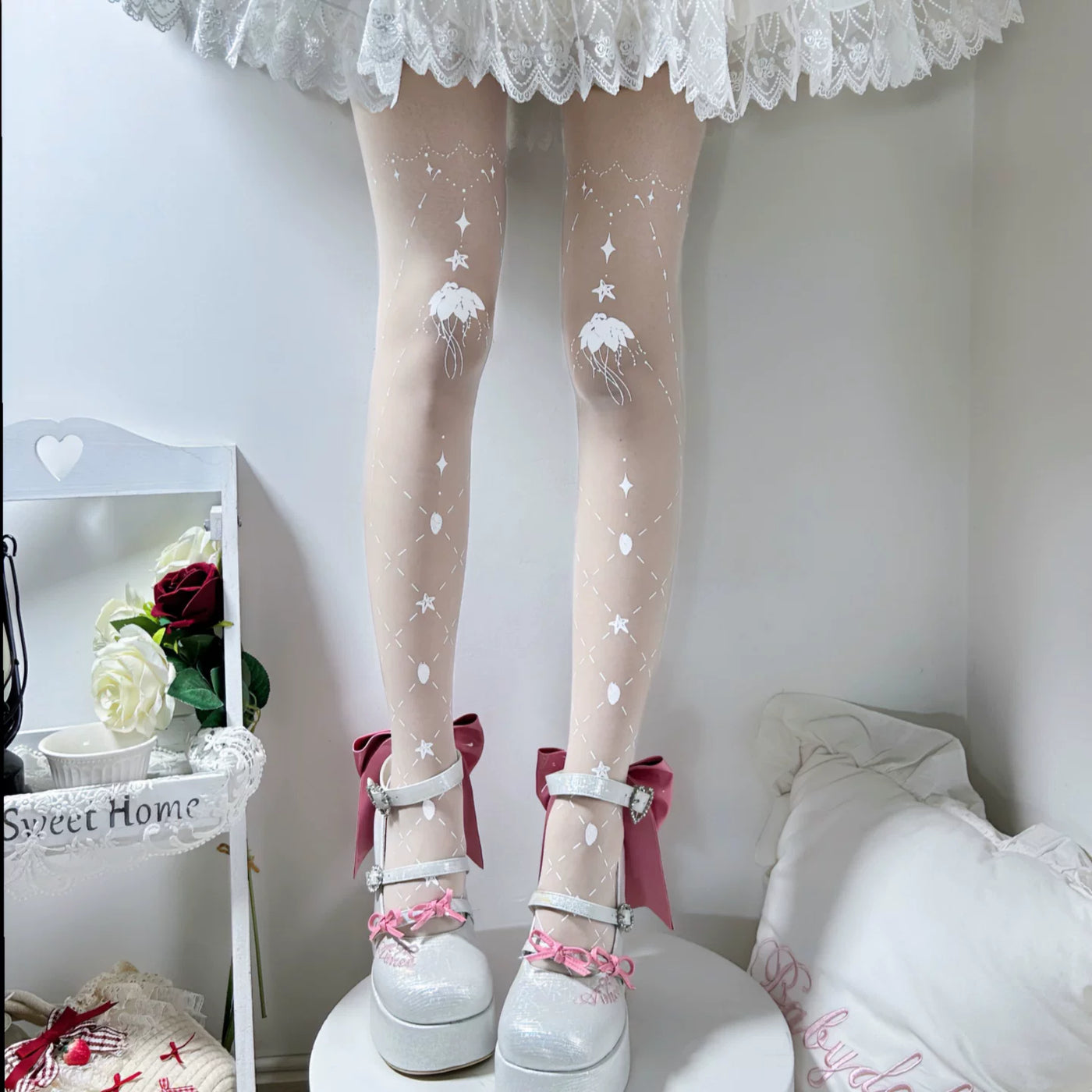 Fantasy Doll - Star Mist Jellyfish - White pantyhose with celestial and jellyfish motifs