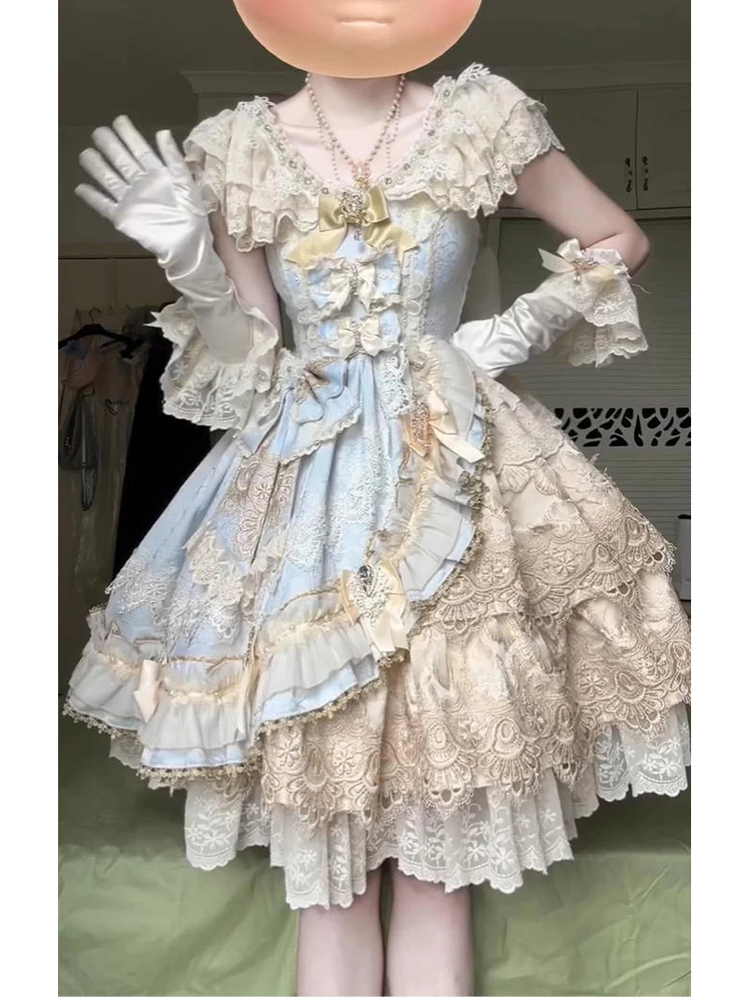 Creamy - Eternal Princess - Pale Blue and Ivory Full Lolita Dress Set with Layered Lace