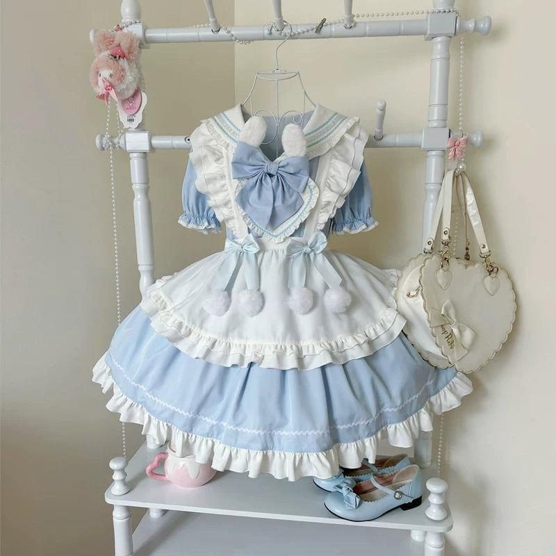 Lady Han Sweet Bunny Ball Lolita Fetch dress featuring a cute, pastel-colored sweet OP dress with bunny details and ruffle accents.