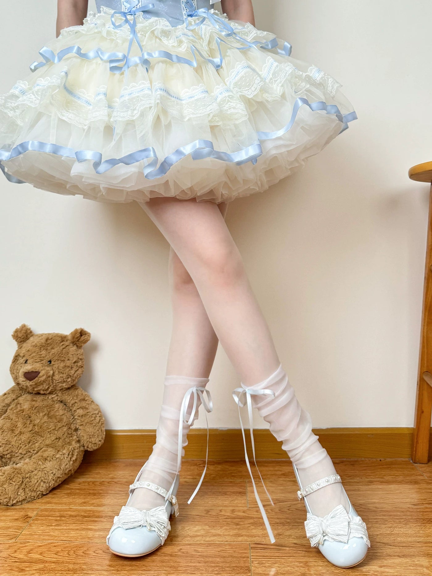 Chubby Bear Tales - Ballet Ribbon - Sheer Mid-Calf Socks with Long Ribbon Ties