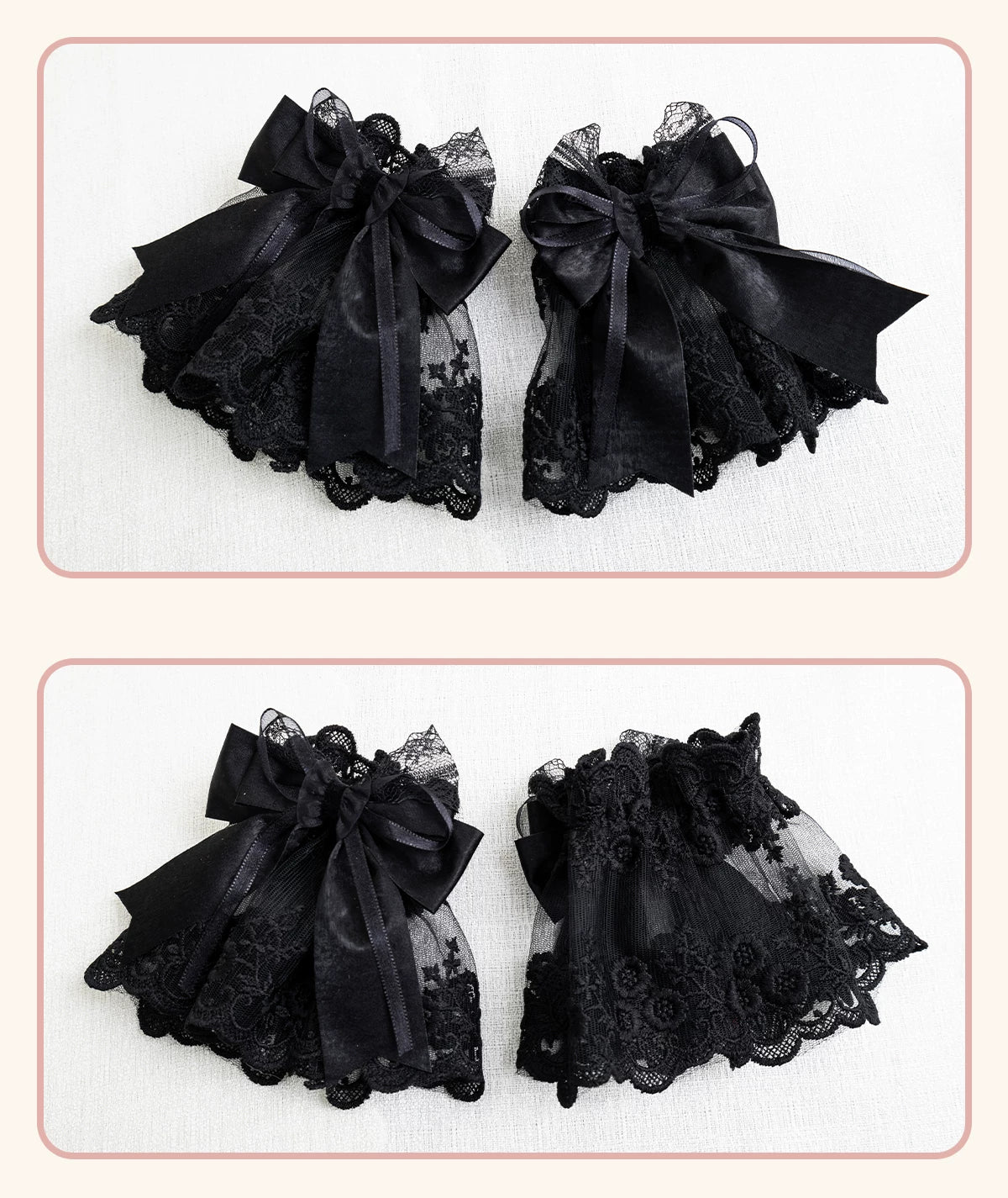 Stardust Rose - A035 Black Lace - Black Lace Headwear and Hand Sleeves with Ribbon Bows