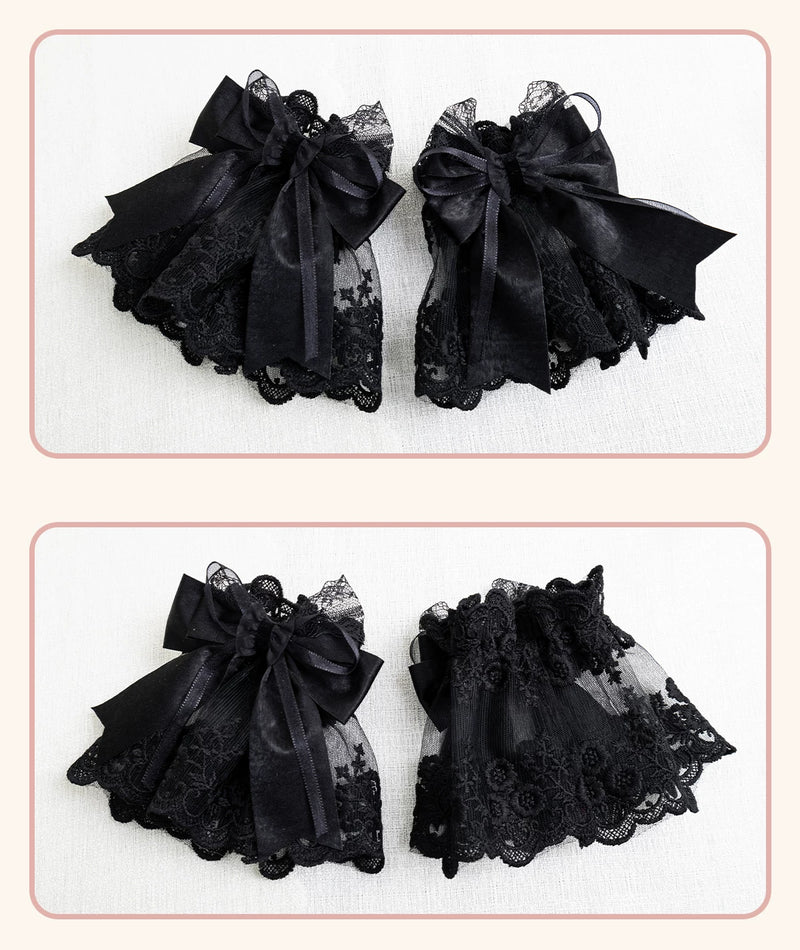 Stardust Rose - A035 Black Lace - Black Lace Headwear and Hand Sleeves with Ribbon Bows