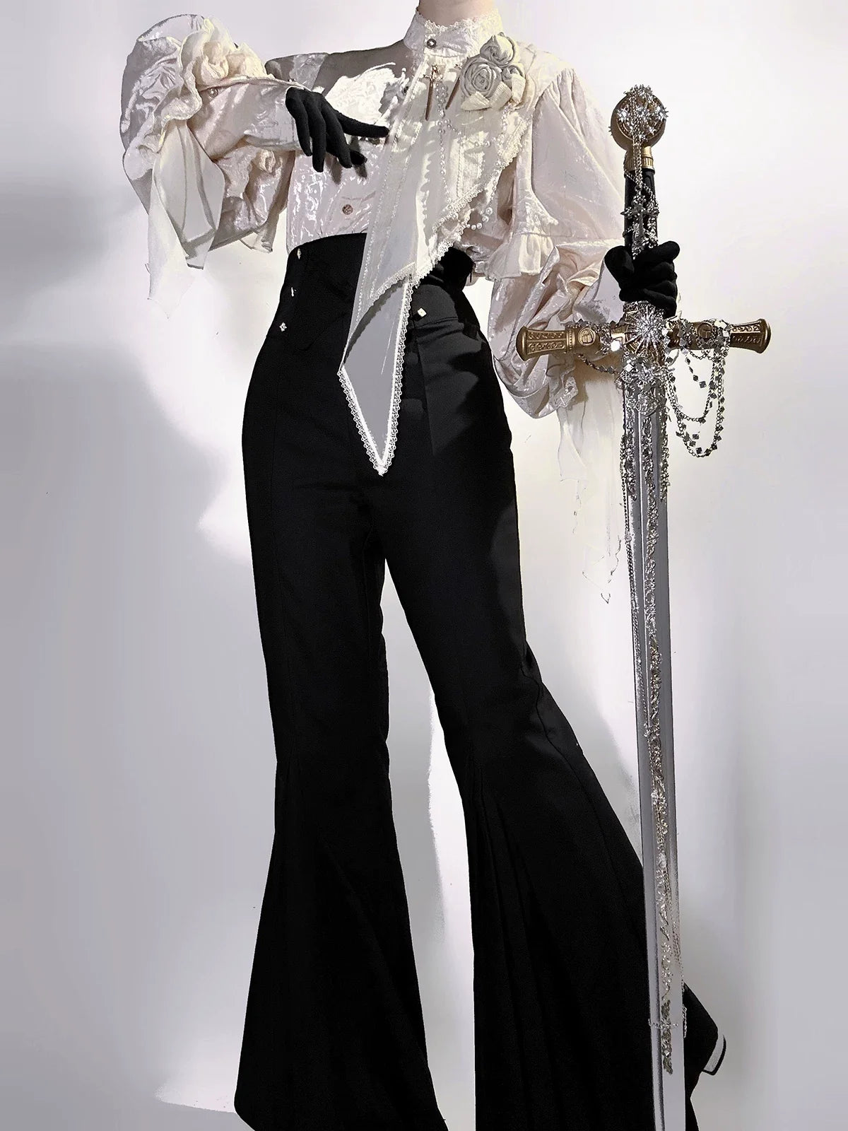 Letters from Unknown Star - Rose and Sword - Ouji Lolita Jacquard Blouse & High Waist Pants Suit