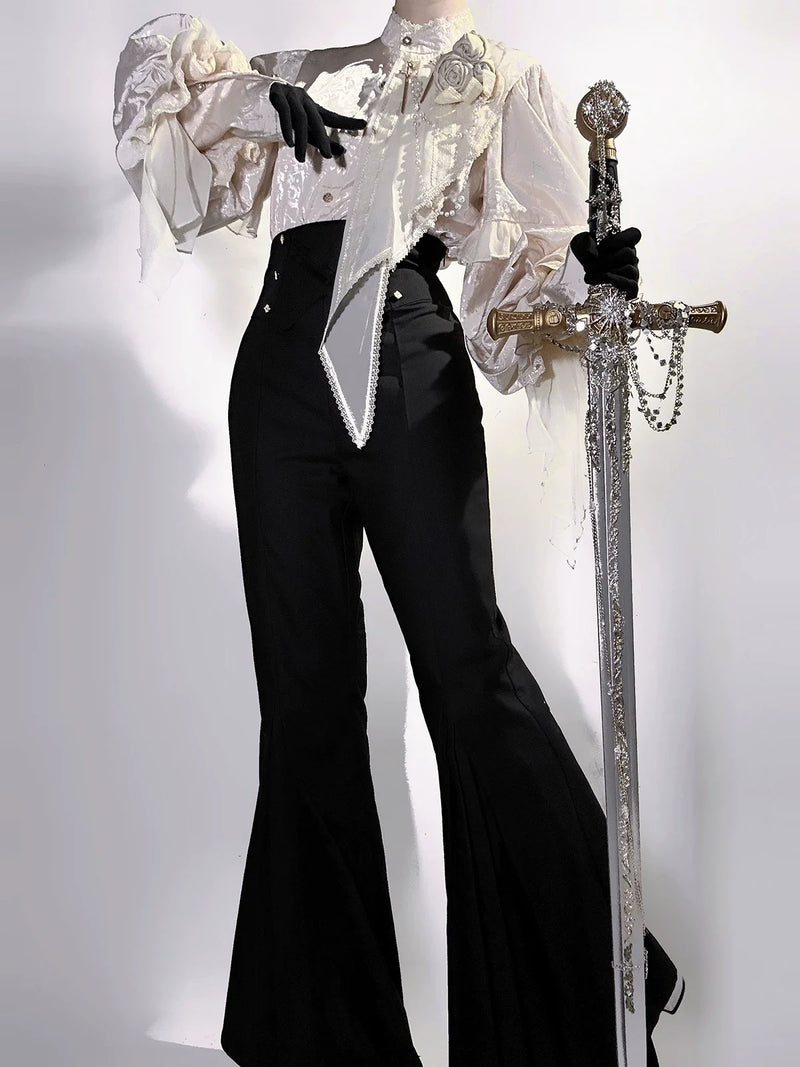 Letters from Unknown Star - Rose and Sword - Ouji Lolita Jacquard Blouse & High Waist Pants Suit