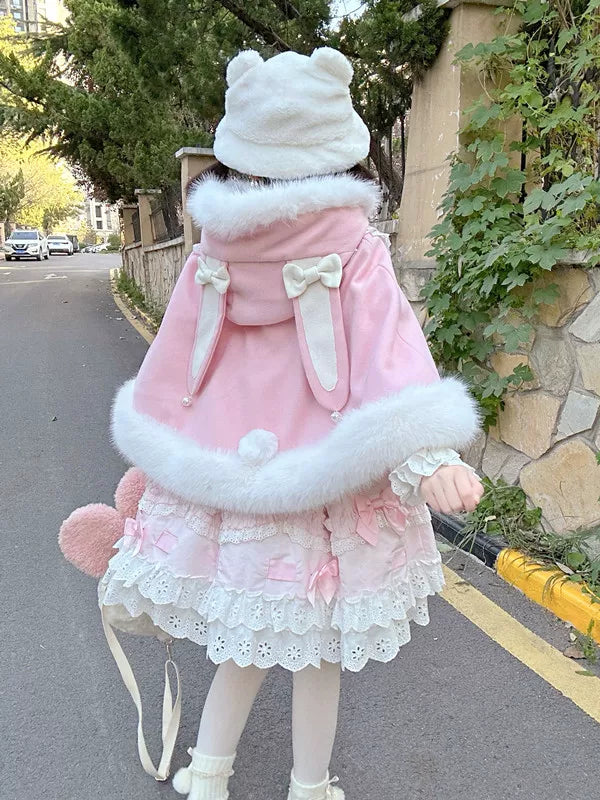 Jelly Girl - Winter Bunny - Plush Hooded Cape with Pom-Pom Ties