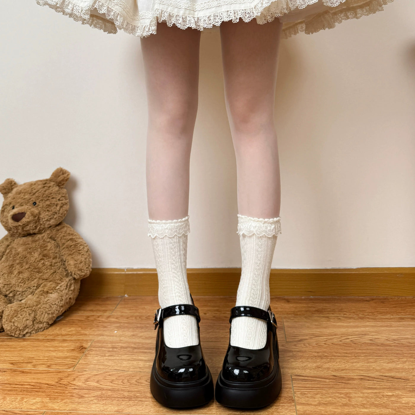 Chubby Bear Tales - Ribbon Keepsake - Cotton Mid-Calf Socks with Lace Trim