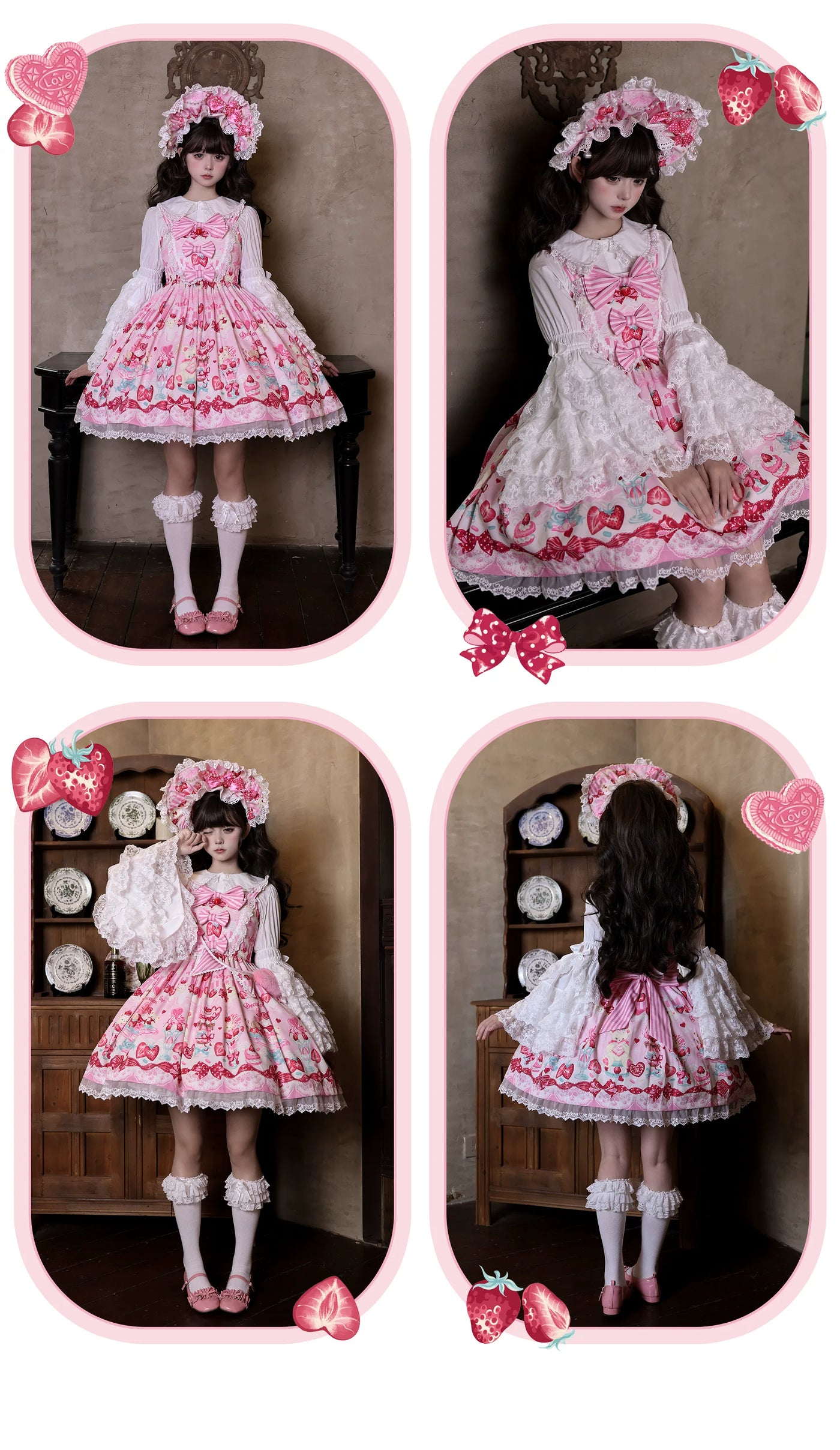 Cat Upon Cat - Strawberry Parfait - Strawberry-Print Lolita Dress with Lace-Trimmed Bows