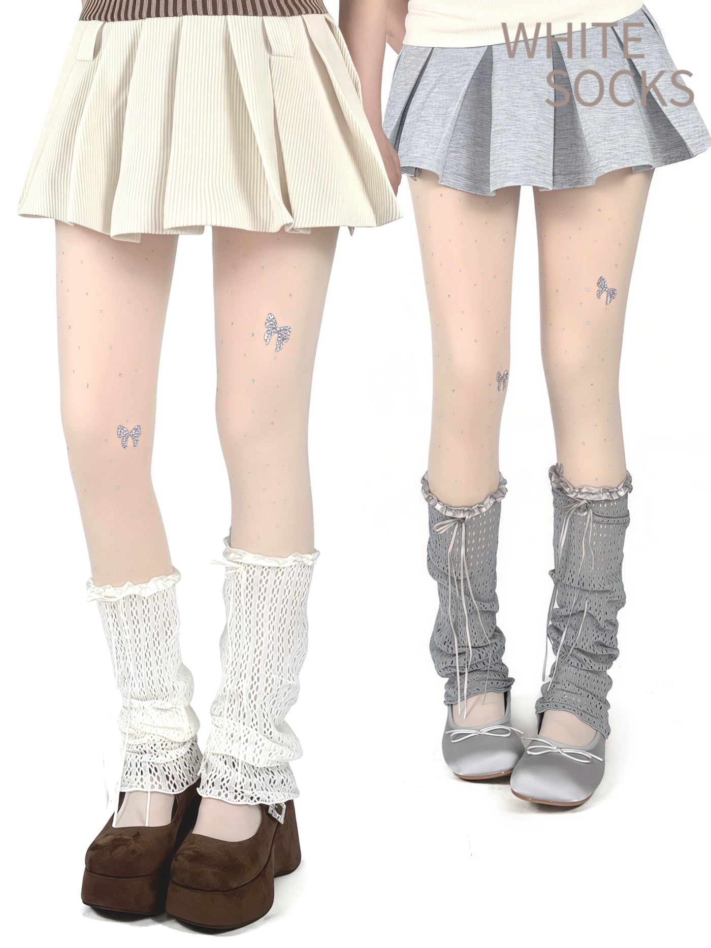 White Socks - Openwork Ruffle - Lace-Up Leg Warmers with Ruffled Cuffs