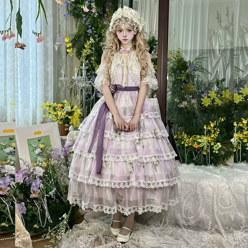 Sugared Peach Mist - Printed Lace Tiered - Classical Lolita JSK