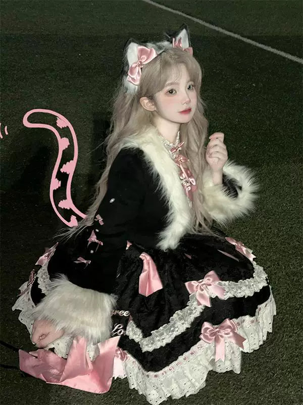 Creamy black Lolita dress set with pink ribbons and pale fluffy trim