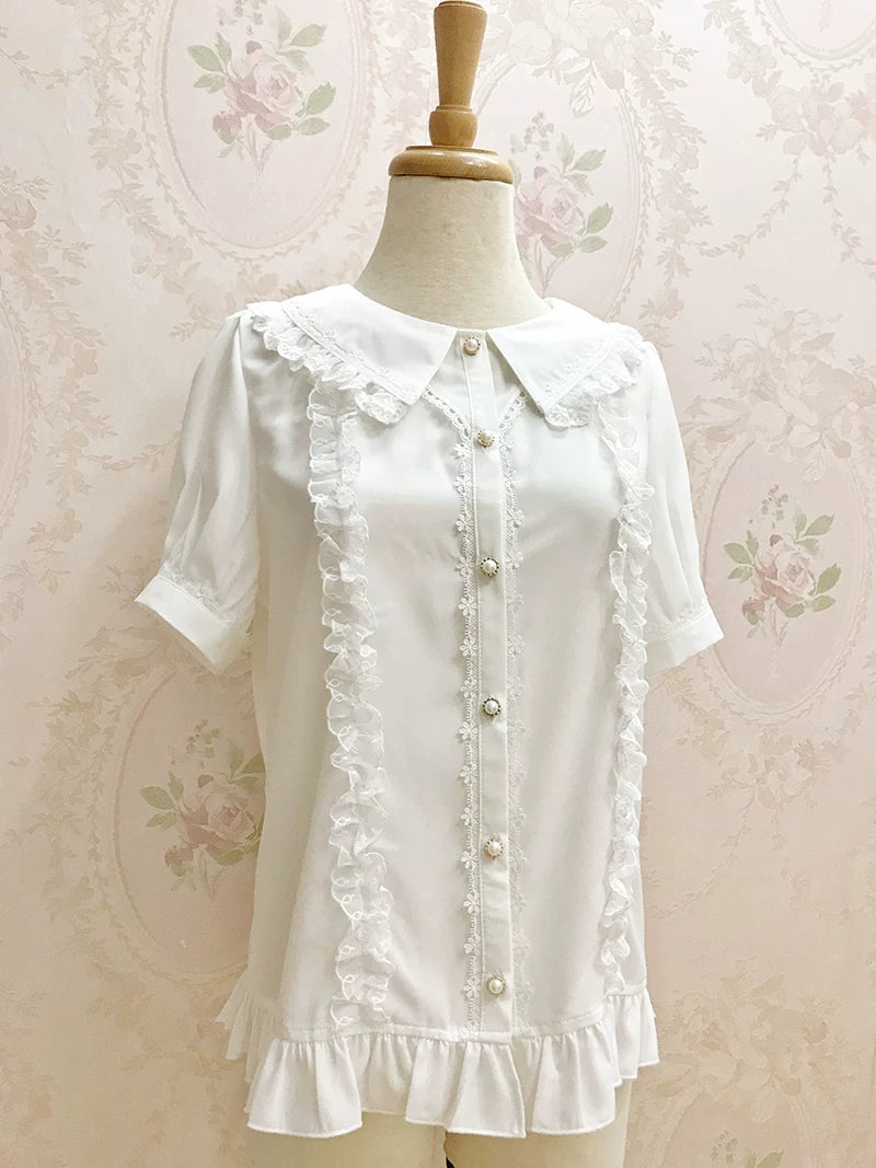 Yilia - Lace Placket - Peter Pan Collar Short Sleeve Blouse
