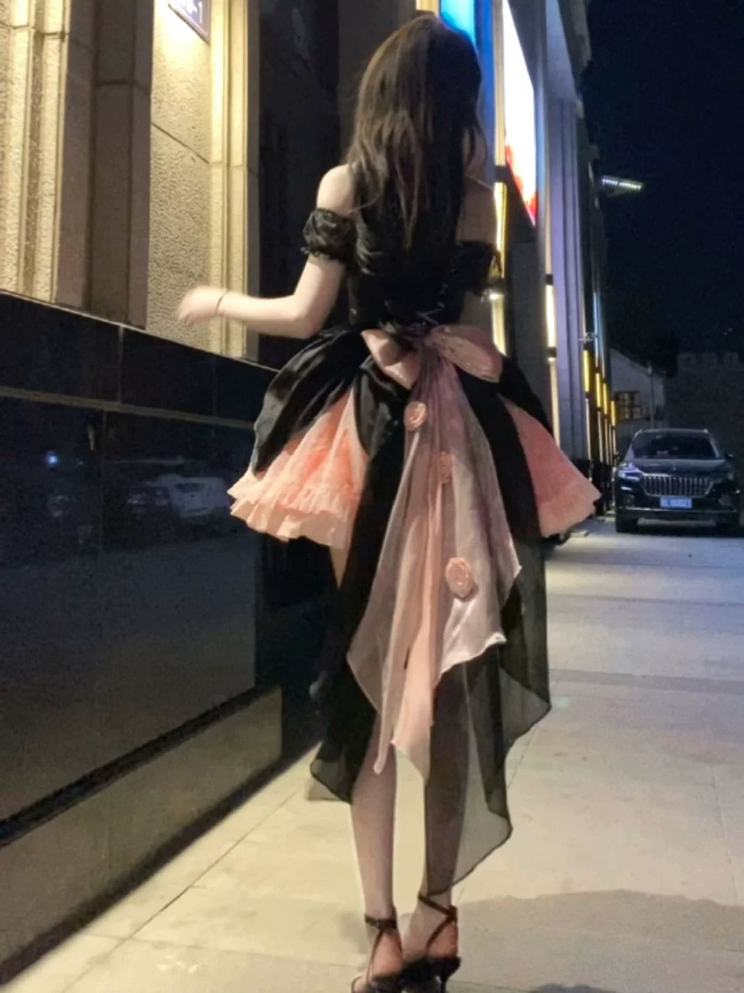 Creamy - Black Rose - Black-and-Pink Dress with Flower Accents and a Train