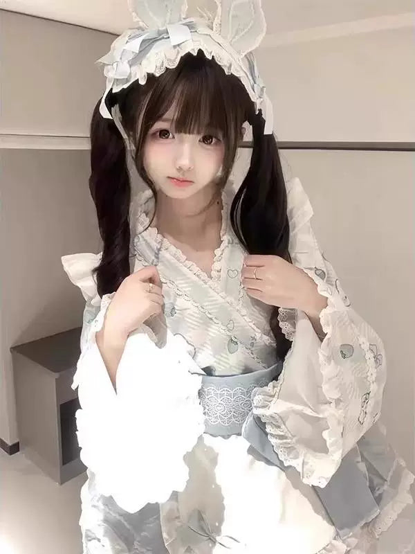 Creamy - Blue V-Neck Maid - Blue Japanese-style Lolita fashion set with hairband