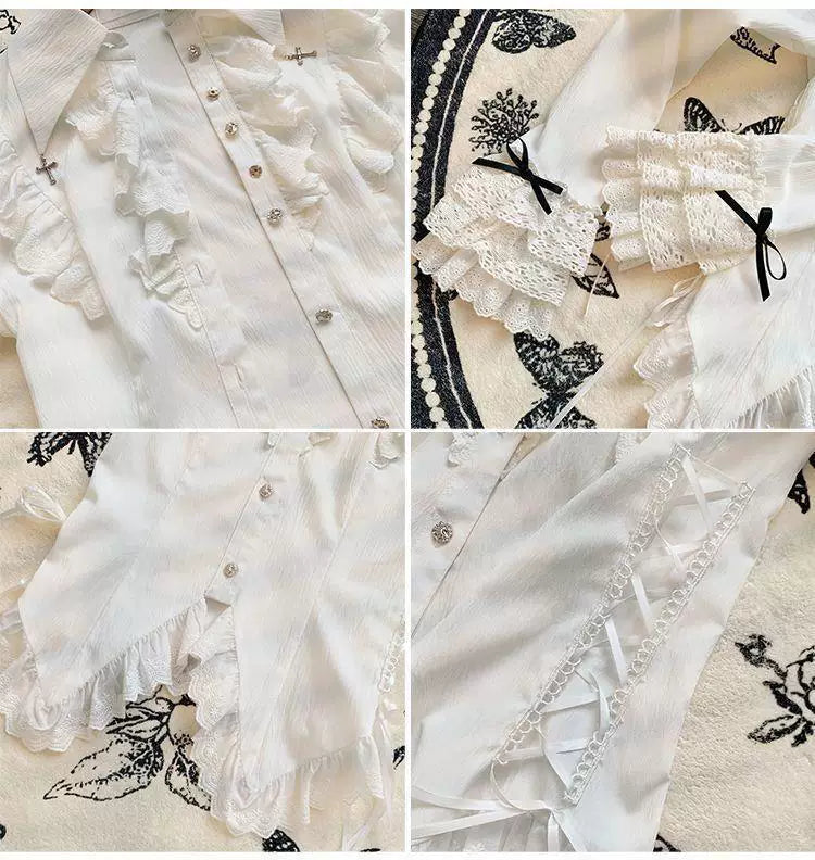 Long-sleeve waist-cinched button-up blouse