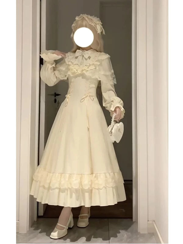 Creamy - White Moonlight - Ruffled Shawl-Collar OP Dress