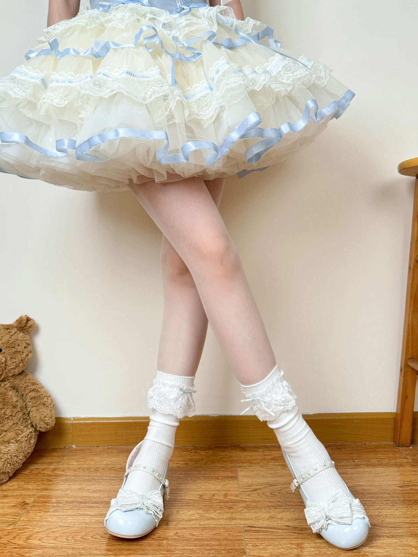 Chubby Bear Tales - Blue Ribbon Lace Collection - Blue-and-White Lolita Sock Collection with Bow Options