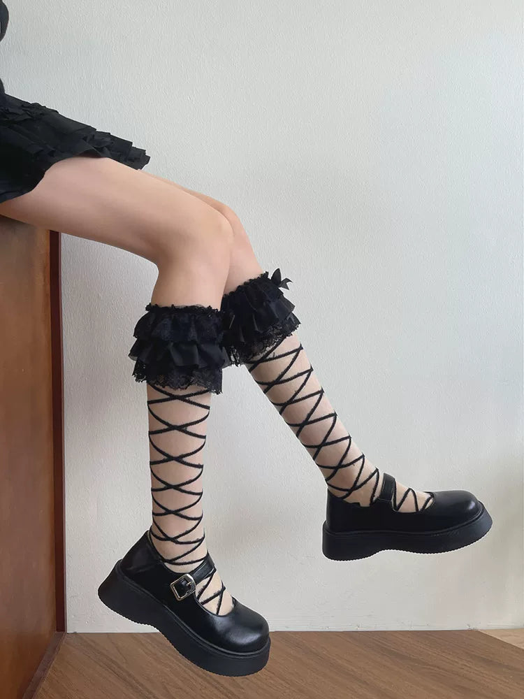 Sock Noble - Striped Ribbon - Mid-Calf Scrunch Socks with Lace Cuffs