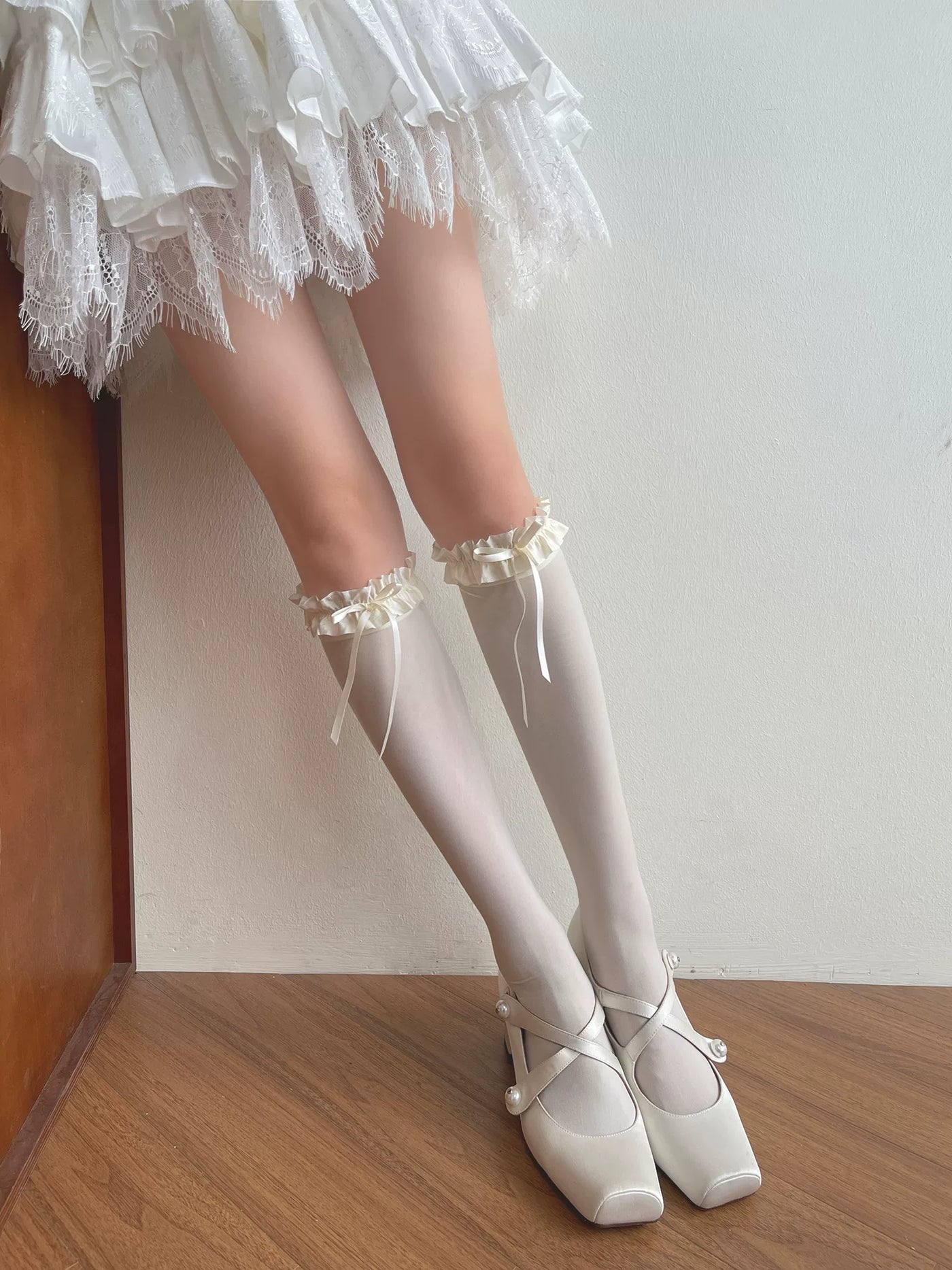 Sock Noble - Gray Ruffle - Velvet Slouch Socks with Bow-Tied Ruffle Cuffs