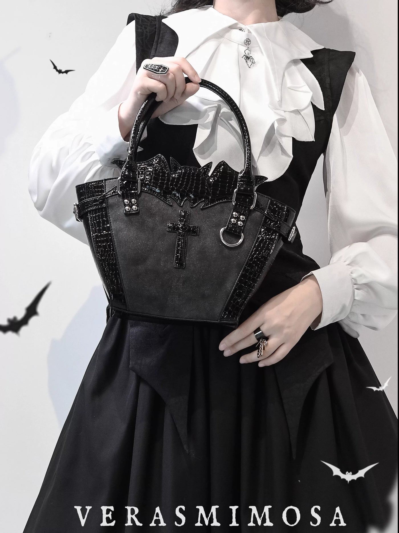 Gothic lolita tote bag with random textured finish, medium size, front view