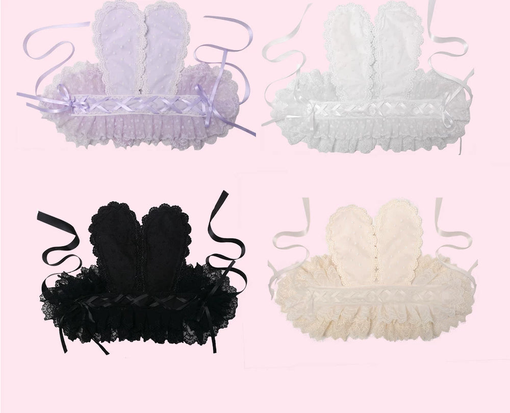 Rabbit-ear lace headbands with bows shown in several colorways.