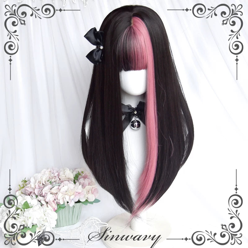 Black and berry pink long straight wig - view 4