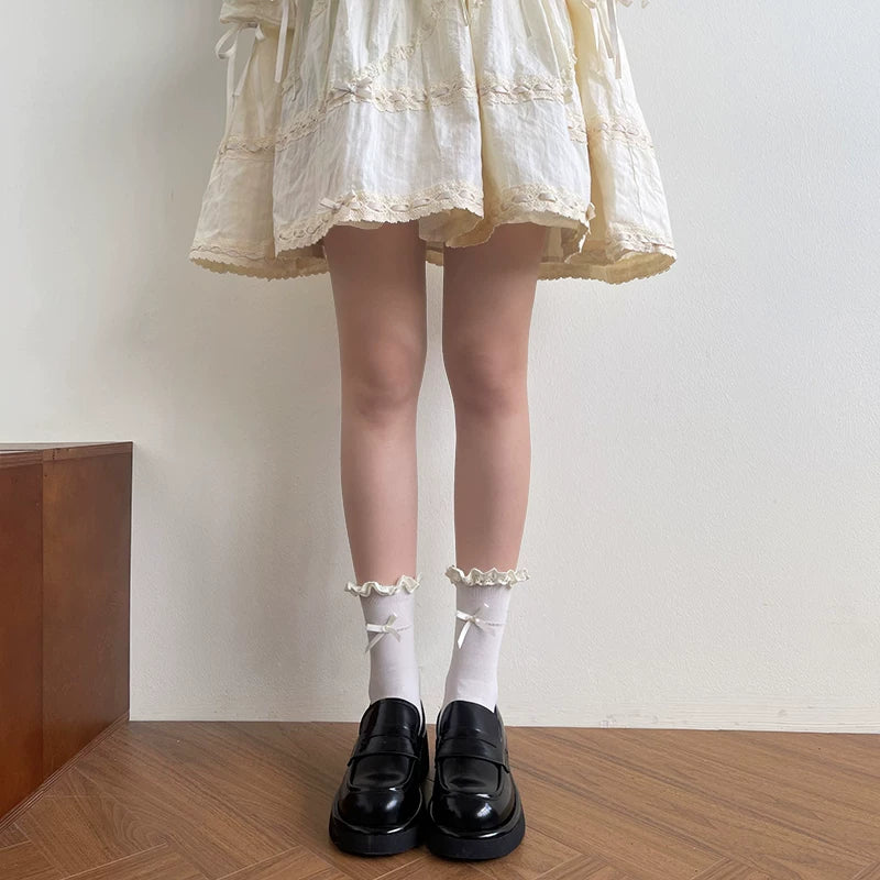Sock Noble - Ribbon Frill - Cotton Socks with Lace Edging and Bow Accents