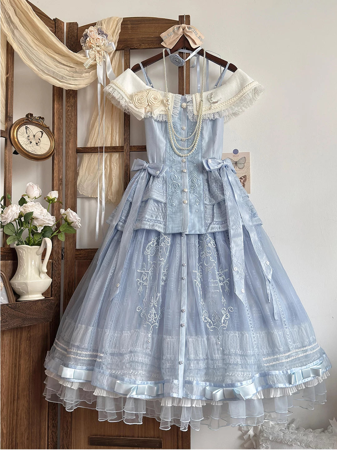 Creamy - Blue Bridal - Top and Skirt Set with Pearl Trim and Floral Embroidery