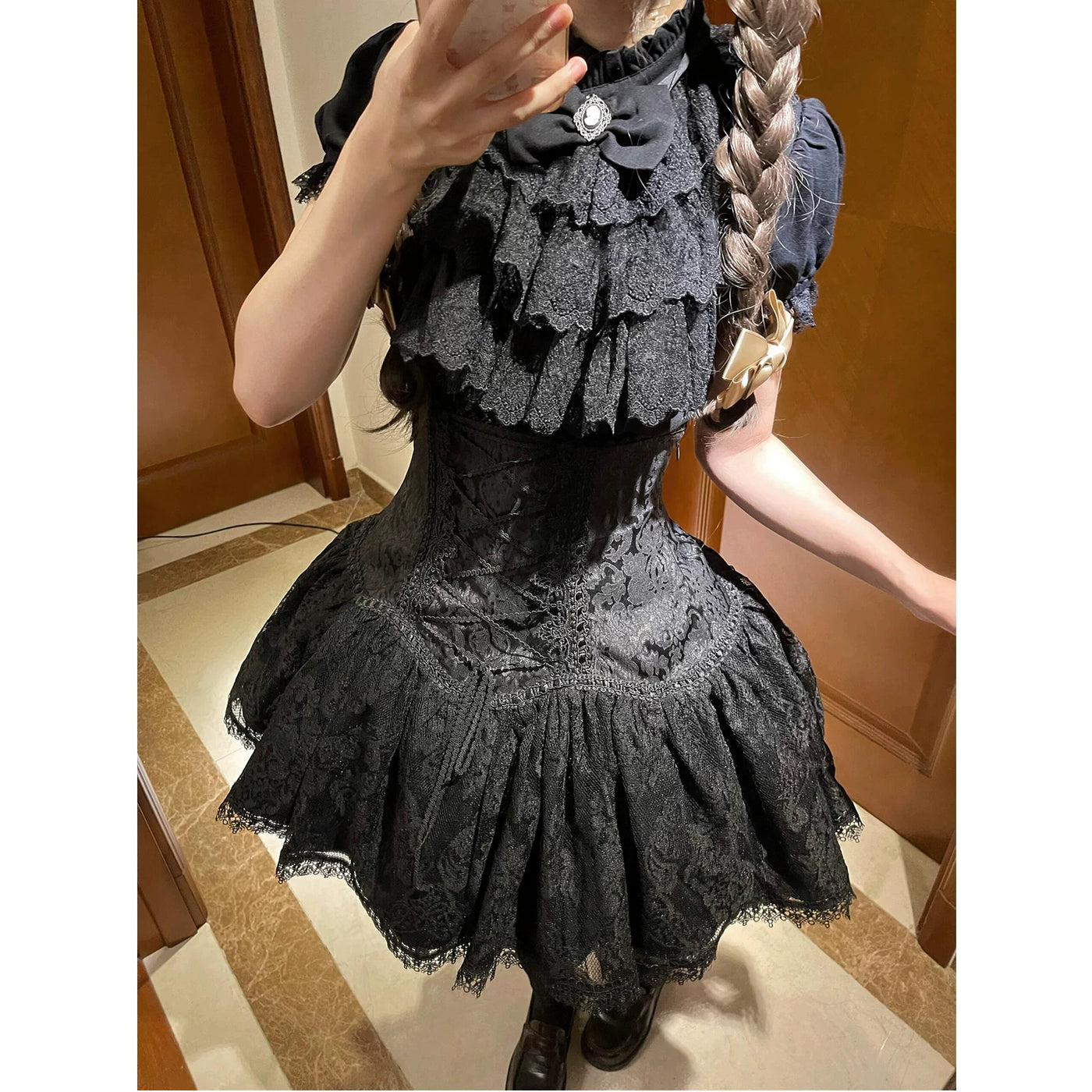 Creamy - Dark Lace Bib - Blouse set with a layered lace bib