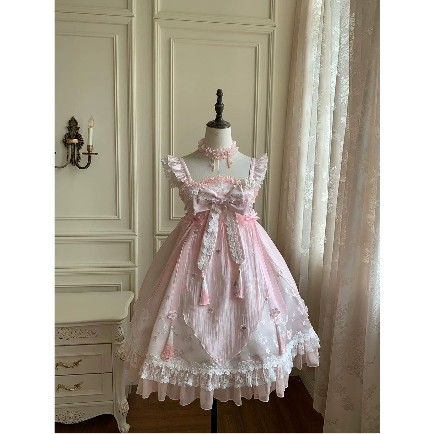 Creamy - Cherry Blossom Sweet - Pink High-Waisted JSK Dress with Floral Lace