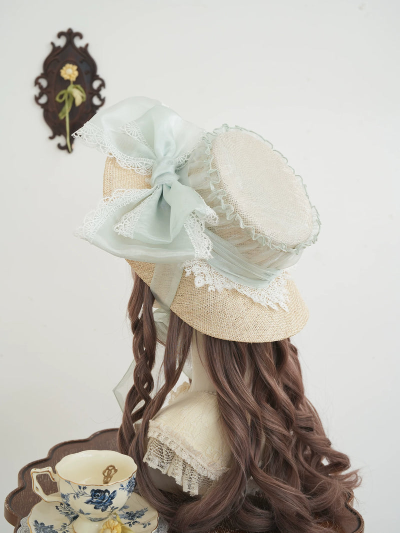 Star Box - Fresh Lace Bow - Natural Straw Hat with Lace Trim