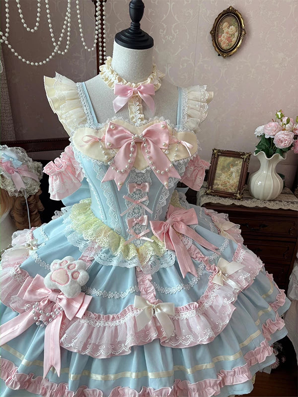 Creamy - Candy Ballet - Blue and pink JSK dress set with layered ruffles