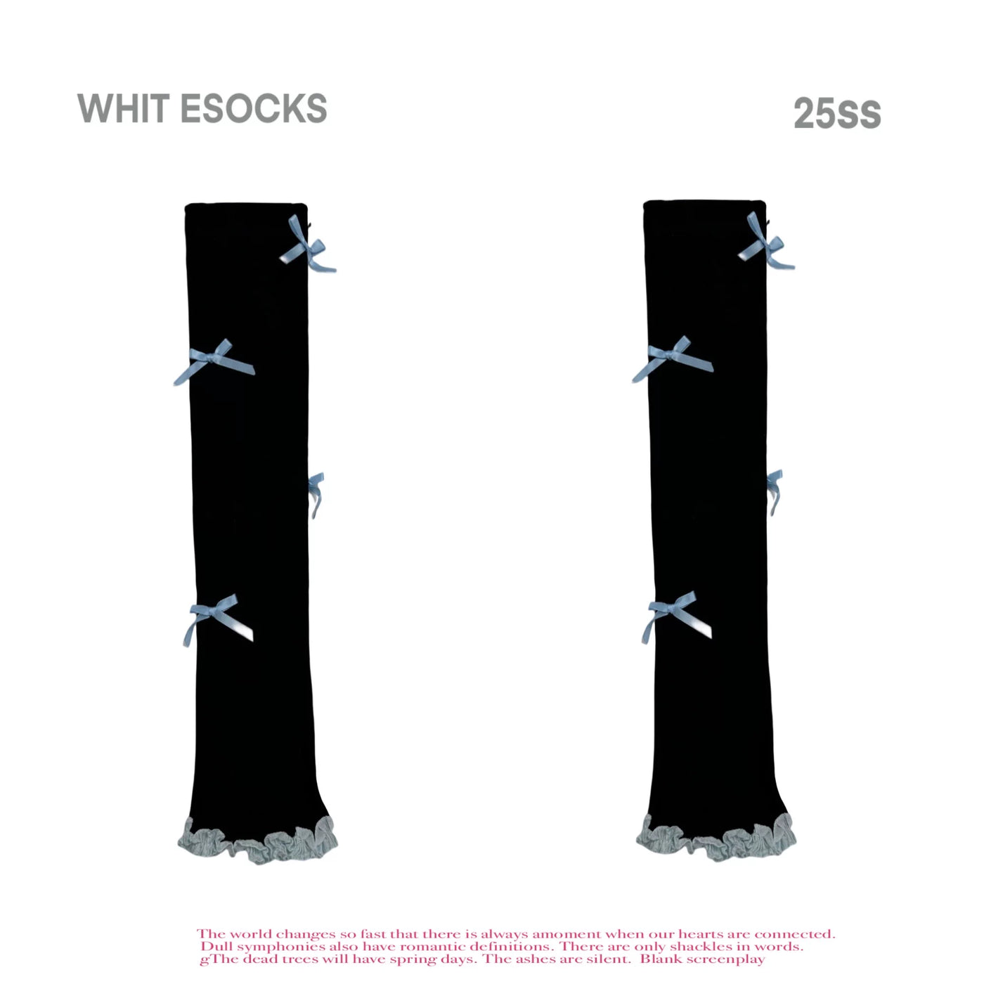 Black and blue bow-trimmed slouch leg warmers with ruffled hems