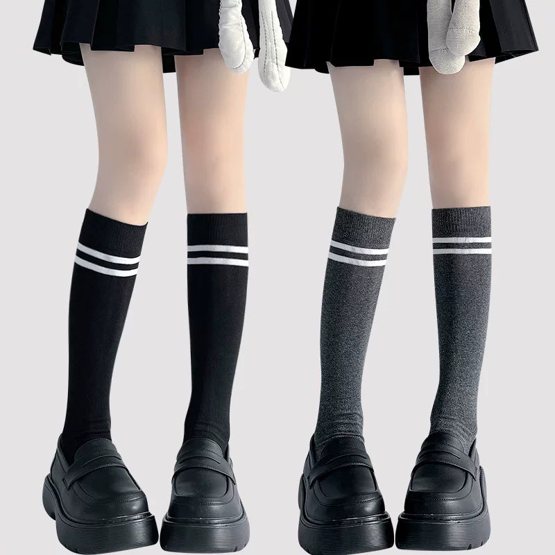 Floral Milk Cat - School Stripe - Cotton Knee Socks with Two Stripes