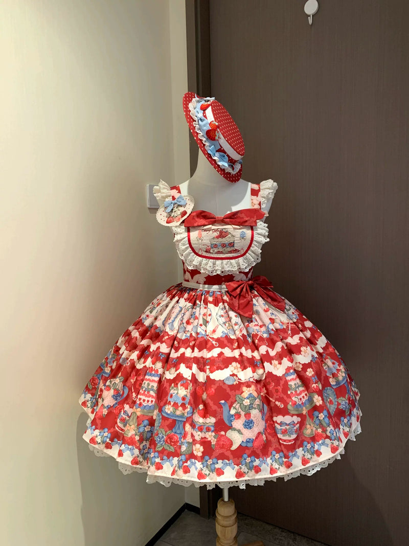 Rose Whisper - Strawberry Tarta - Strawberry Print OP Dress with Pale Blue Ruffles