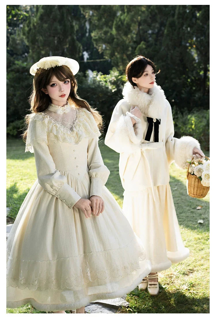 With PUJI - Winter Island Memory - Elegant Lolita Winter Coat & OP Dress Set