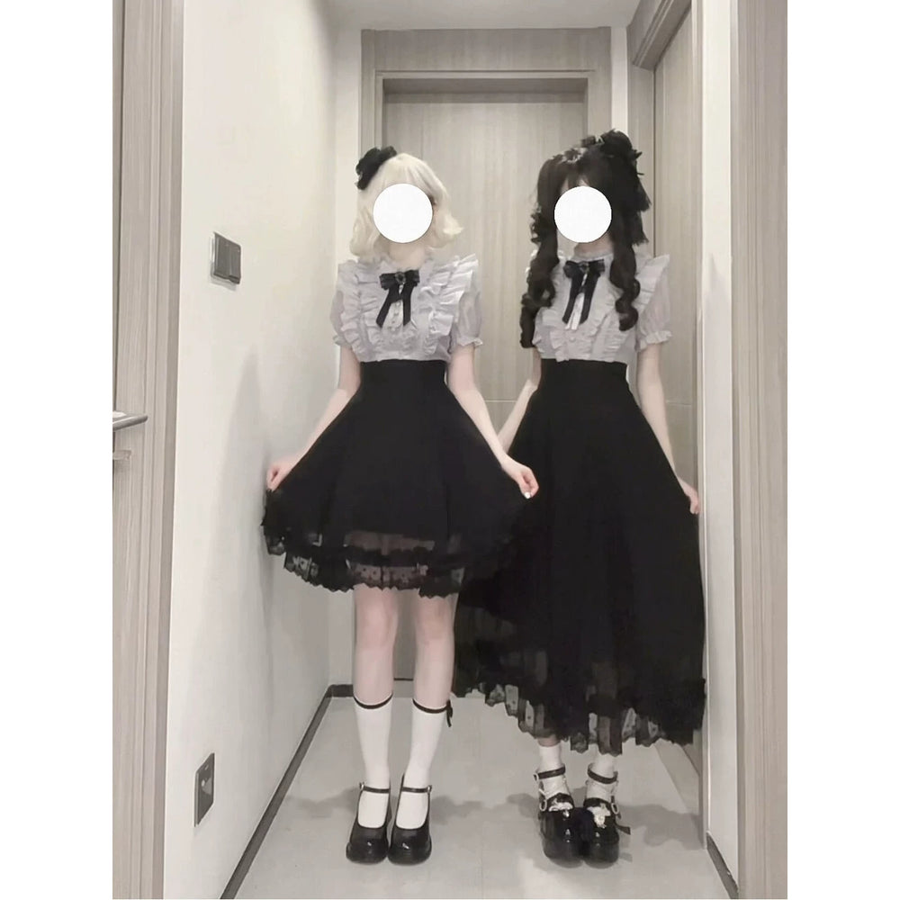 Black-and-purple faux two-piece OP dresses shown in short and long length versions.