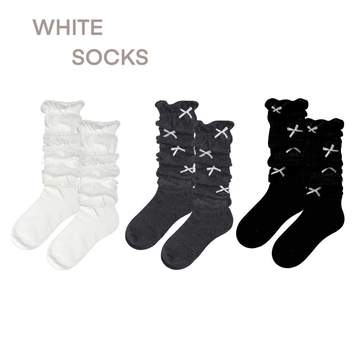 White Socks - Sweet Bow Slouch - Thin Combed-Cotton Slouch Calf Socks with Bow Detail