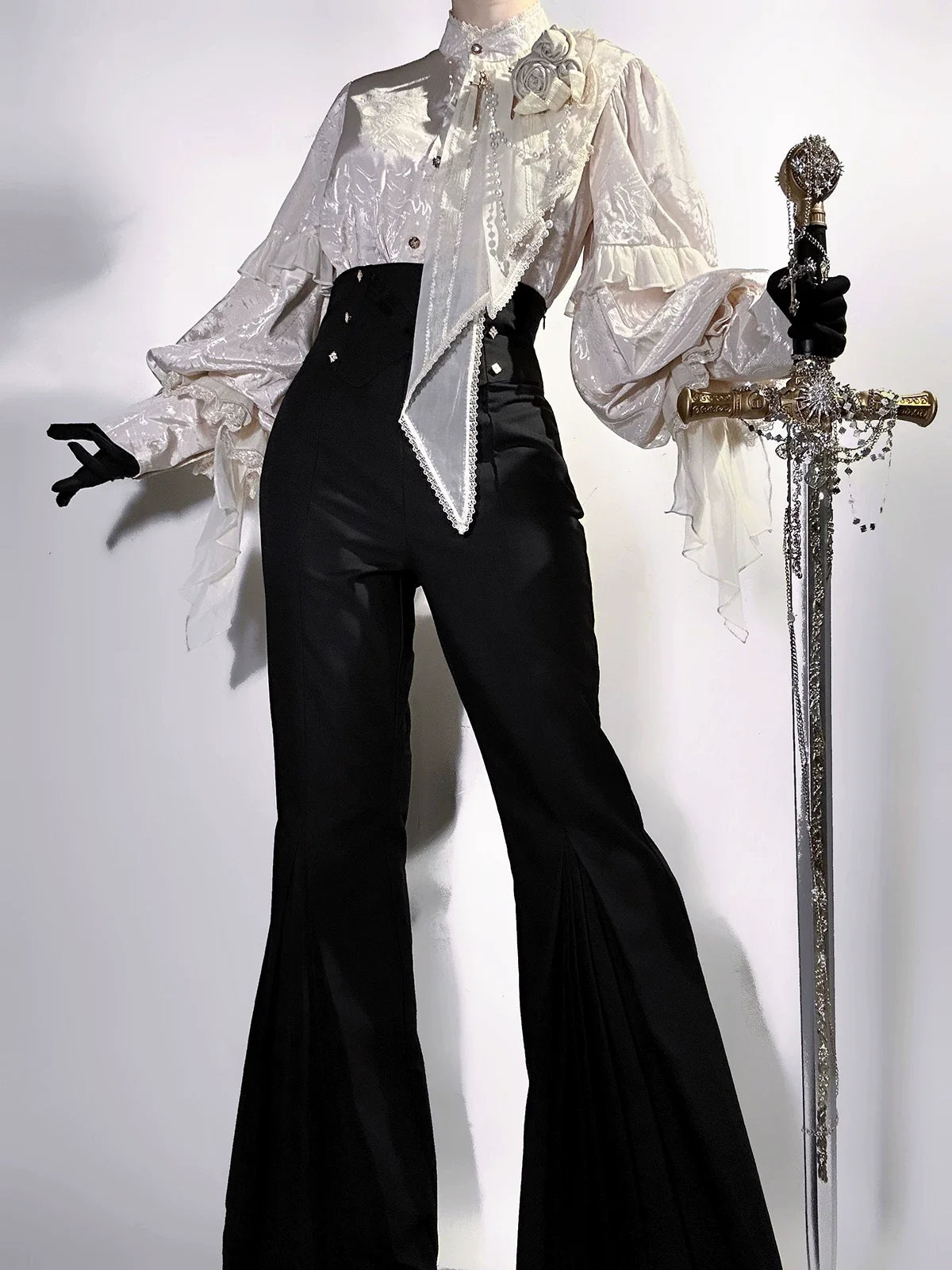 Letters from Unknown Star - Rose and Sword - Ouji Lolita Jacquard Blouse & High Waist Pants Suit
