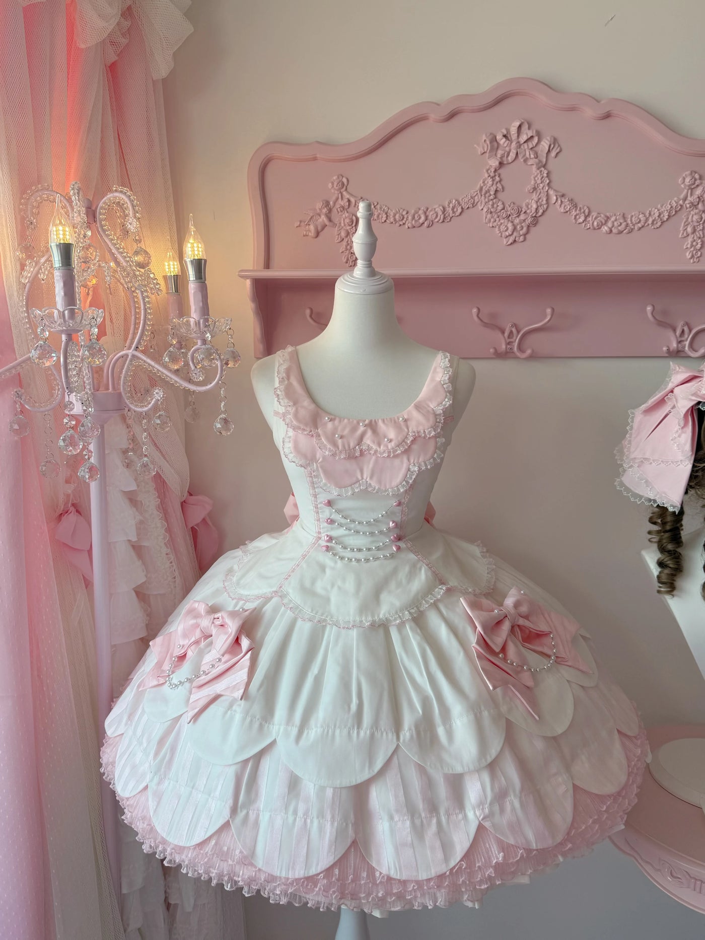 Tata Long Ear - Pearl Princess - White-and-Pink JSK Dress with Pearl Details and Scalloped Layers