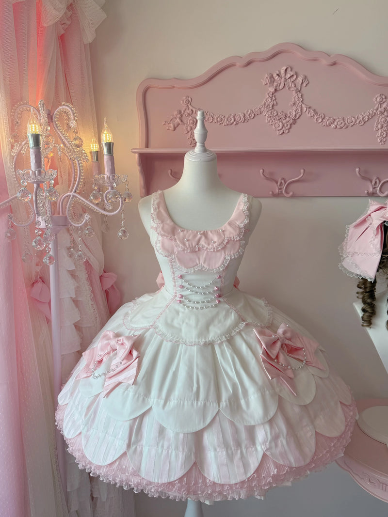 Tata Long Ear - Pearl Princess - White-and-Pink JSK Dress with Pearl Details and Scalloped Layers