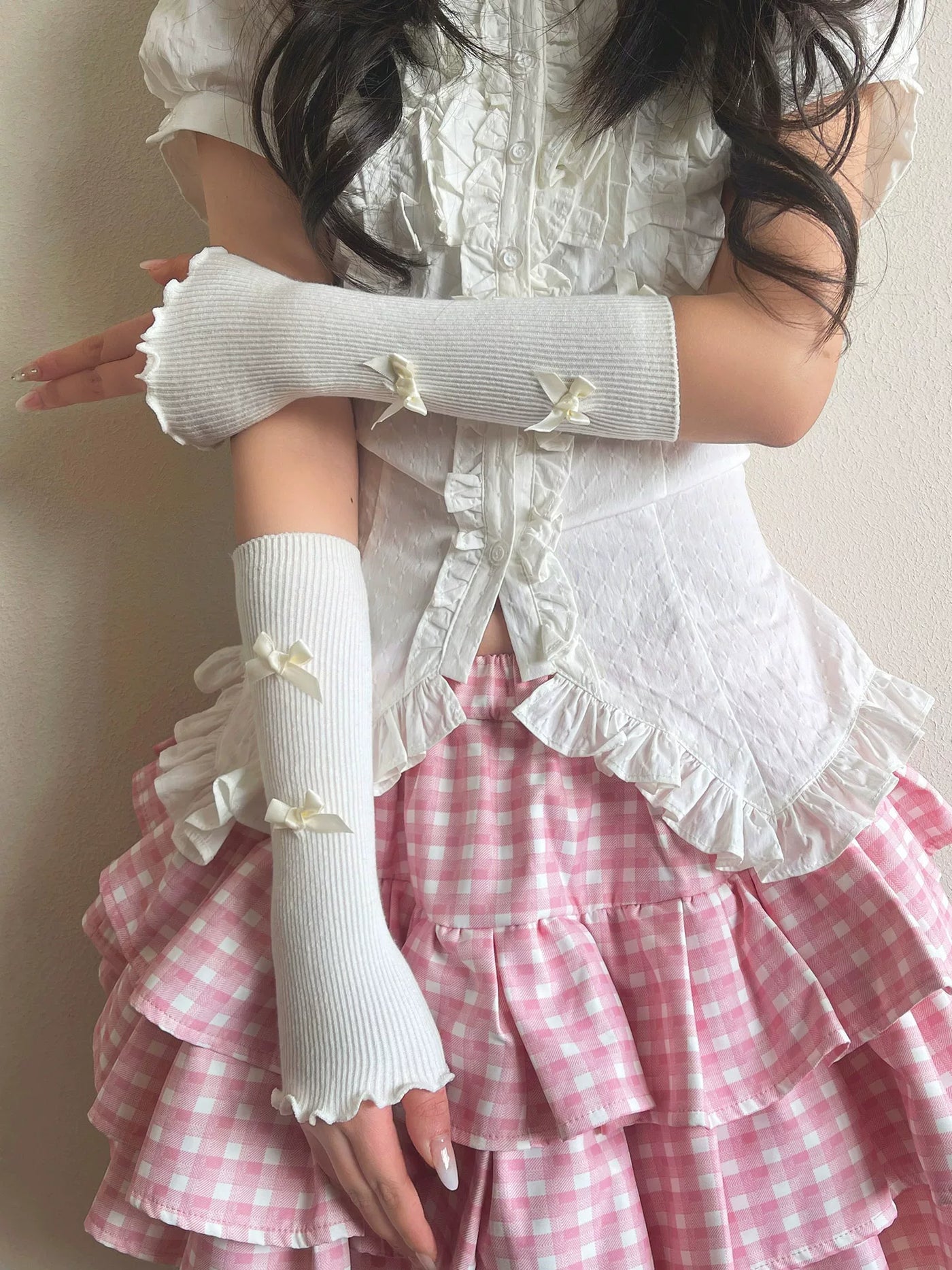 Sock Noble - Fresh Bow - Cotton Fingerless Arm Warmers with Ribbed Texture and Bow Accents