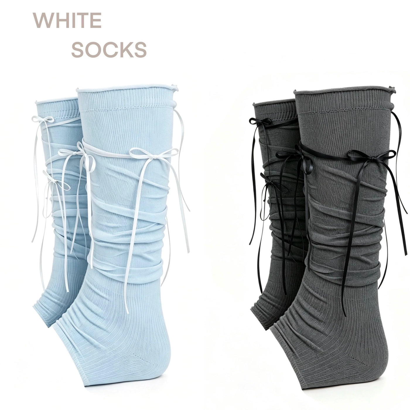 White Socks - Ribbon Ruched - Calf Socks with Ribbon Ties