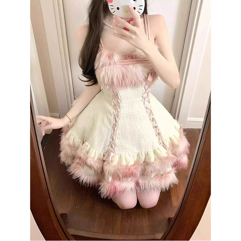 Creamy - Pink Plush Layering - Pink Plush Jacket and Suspender Dress Set with Fluffy Trim