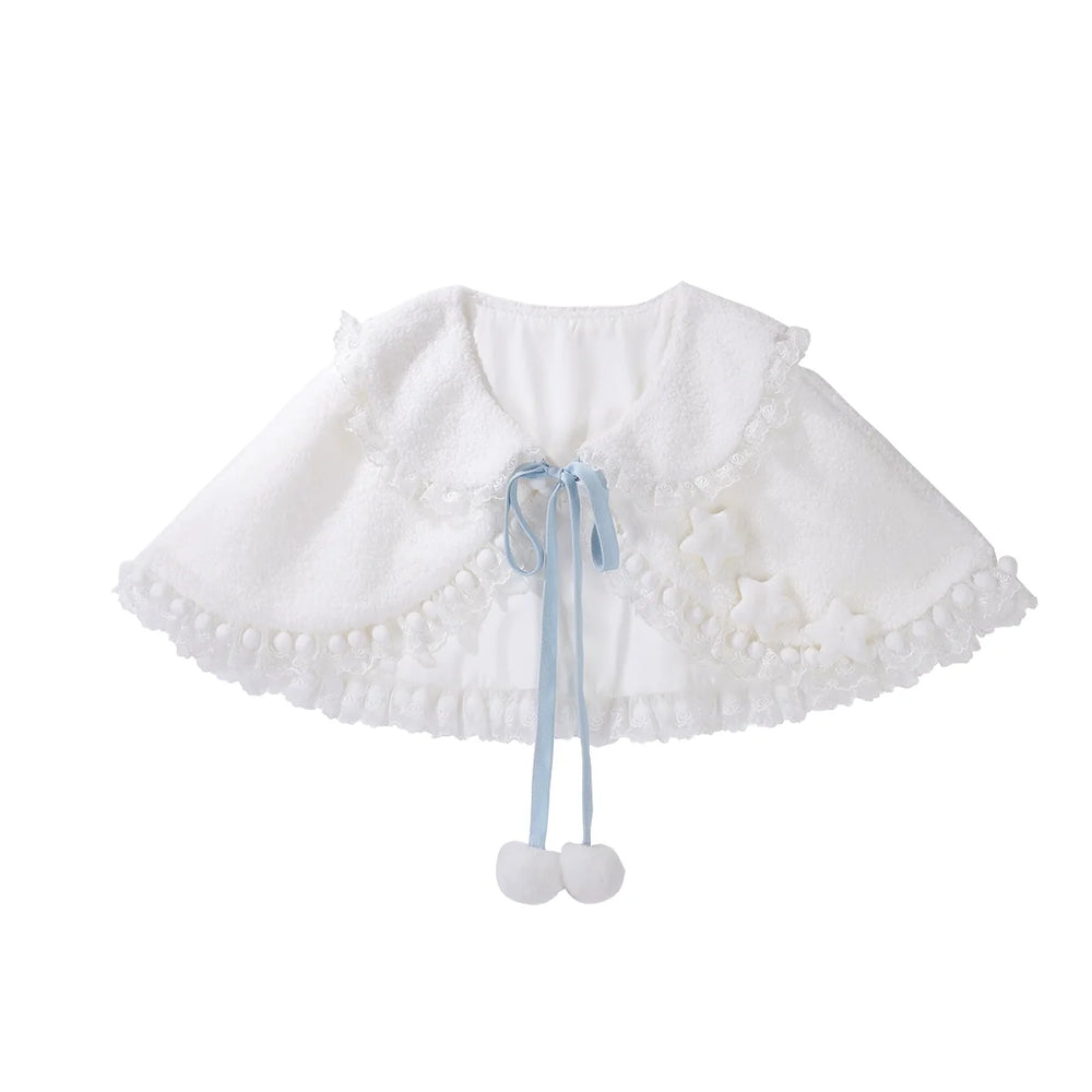 Pale blue cloud-print JSK with white fuzzy cape and lace details