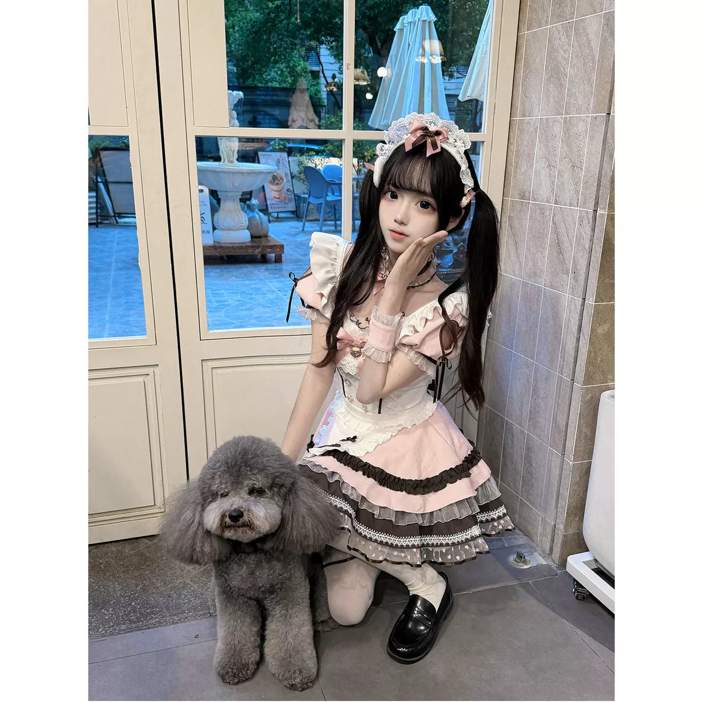 Creamy - Sweet Bow Lace - OP Dress and Apron Two-Piece Set with Layered Ruffles